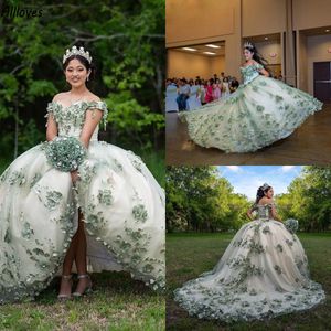 Нежные зеленые цветочные кружевные платья Quinceanera Sexy Off The Princess Princess Pufle Ball Hone