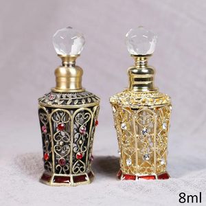 Kavanozlar vintage antika pirinç altın kaplama kırmızı el emaye ve rhinestones mücevherli metal cam parfüm yağ şişesi 8ml kristal kapaklı