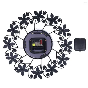 Wall Clocks Retro Diamond Wrought Iron Clock Leaf Petals Creative Mute Living Room Decoration Without Battery (Black)