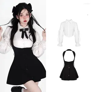 Work Dresses 2023 Summer Sweet Two Piece Set For Women Long Sleeve White Shirts Y2k Mini Dress Female Kawaii Clothing Korean Fashion Suits