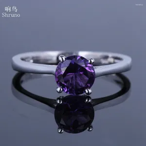 Cluster Rings Helon Solid 14K White Gold Flawless Round 6.5mm äkta naturlig Amethyst Engagement Wedding Ring for Women Jewelry Gift