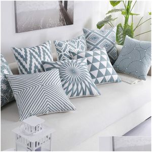 Cushion/Decorative Pillow Blue White Cushion Er Fashion Geometric Embroidery Case For Sofa Bed Car Simple Decorative Ers 45X45Cm Dro Dhy91