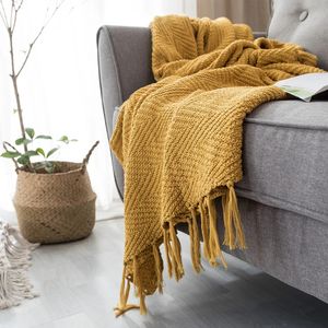 Mustard Yellow Blanket Sofa Knit Throw Tassels Fringe Travel 130x160cm Home Chair Couch Bed 50"x62" 231221