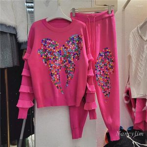 Women's Two Piece Pants Idle Style Knitting Suit Sets Autumn Winter Rhinestone Loose Sweater Sports Outfits Mujer 2024