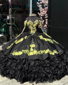 Black Gothic Charro Queen Quinceanera Dresses with Long Sleeve Floral Embroidery Ruffles vestidos de 15 quinceaneras Sweet 16