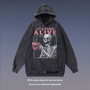 Felpe con cappuccio da uomo Tkpa Punk Skull Print Old Hooded Sweater Felpa con cappuccio American High Street Wash per uomo e donna Nkmv