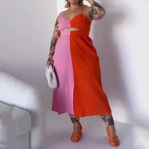 Kuclut women plus size kleid sommer modes v hals harmosen ärmellose cutout color block ärmellose Urlaub übergroße Kleider 231222