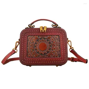 Evening Bags Nesitu Flower Pattern Vintage Brown Grey Red Green Genuine Leather Small Women's Handbag Shoulder Messenger Bag Tote M3039