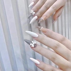 False Nails French Glitter Powder 3D Bow Pearl Design Fake Nail For Girl Gifts Full Cover Wearable Elegant Style Press On