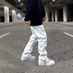 Jeans masculinos Hip Hop White Flash calças laterais soltas zíper casual jeans solto y2k Pants inseado jeans para homens e mulheres 231222