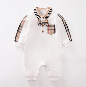 Spring Autumn Baby Boys Plaid Rompers Lovely Newforn Long Sleeve Jumpsuits med Bowknot Toddler Turn-Down Collar Onesies Spädbarnskläder