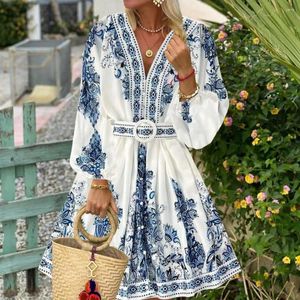 Casual Dresses SKMY 2023 Autumn Clothes For Women Sexy V-Neck Long Sleeve A-Line Dress Withe Belt Fashion Bohemian Print Party