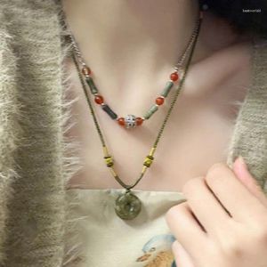 Anhänger Halskette Vintage Seil Natursteine ​​Halskette Halskette für Frauen chinesische Stil handgefertigtes Stein Holz Perlen Hippie Grunge Schmuck Schmuck