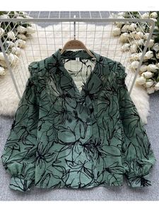 Blouses feminina Mulheres camisa de outono Retro francês impresso de manga longa com design de nicho de alta qualidade e lodo de emagrecimento D4873