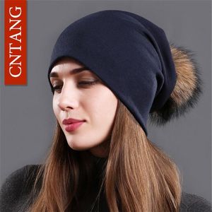 New Women's Beanie Hat Hat Autumn Raccoon Fur Pompom Slouchy Cotton Leiies para Femme Winter SkulliesBeanies com Pompom BA271G