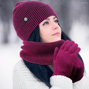 Basker hatt halsdukhandskar set 3-del vinter för unisex fast färg randig tjock varm elastisk antislip nackhuvud