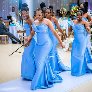 Iceblue Aso Ebi Abiti da damigella d'onore Plus size Africano Arabo Arabo Sheer Sheer Tulle Gioiello Mermaid Pearle in rilievo in rilievo abito da ospite Long Wedding Br011