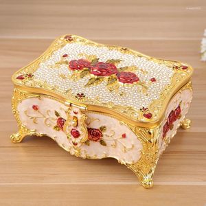 Flaschen Gold Red Rose Blume Zink Leichtmetallschachtel European Tabletop Decor Rechteck Schmuck Aufbewahrungsschatulle mit Spiegel und schwarzem Inlay