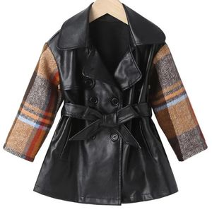 Baby Girl Spring Autumn Pu Leather Trench Coat Kids Fashion Plaid Stitching Double Breasted Casual Outwear 231221