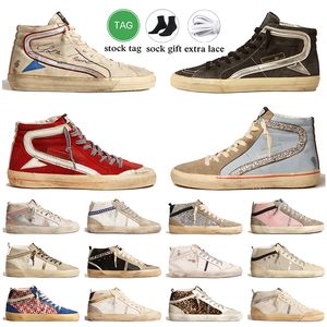 Vintage Finish High Top Slide Sneaker Designer Casual Mid Star Shoes Womens Mens Gold Silver Glitter Suede Upper Italy Brand Platform Sneakers Trainers Storlek 35-46