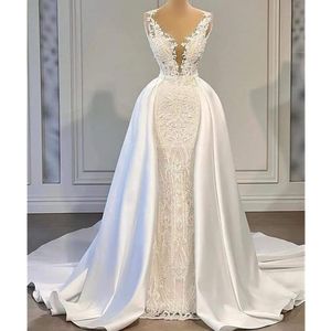 Elegante sereia vestidos de casamento com trem destacável vestidos de noiva renda applique v pescoço feito à mão segundo vestido de recepção