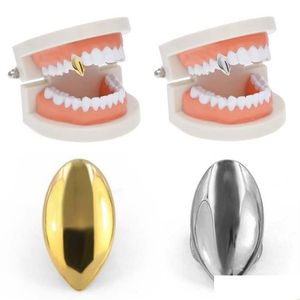 Grillz, Dental Grills Hip Hop 14K Guldpläterade enstaka tänder Grillar Anpassade Fangs Tooth Caps Vampire Fang för Halloween Party Jewelry GI DHO8C