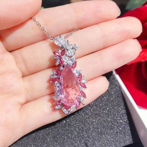 Hängen Ruzzallati Luxury Big 6 Pink Stone Pedant Halsband Silver Color Crystal Zircon Promise Wedding Jewelry Gift