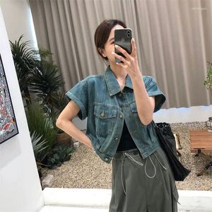 Women's Jackets Korean Short Sleeve Denim Jacket Women Vintage Summer Cropped Jeans Coats Female Turndown Collar Button Outwear Top