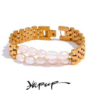 Yhpup Luxury Natural Pearls Cuban Chain 316L Stainless Steel Bracelet Bangle High Quality Women Gold Color Premium Jewelry Gift 231221
