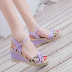 Heels FHANCHU 2022 New Women Wedges Sandals Fashion HIgh Heeled Summer Shoes Ankle Strap Peep Toe Purple Black Blue Dropship