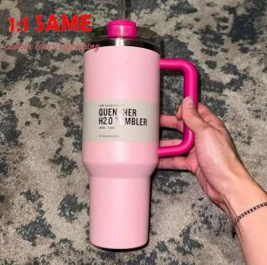 DHL Pink Flamingo H2.0 Logo Pink Tie Dye 40 oz kopp med handtag isolerat tumlare täcker halm rostfritt stål kaffekopp med logotyp vattenmelon moonshine 1: 1 kopia 1222