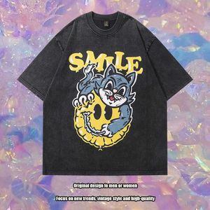 Camisetas masculinas Tkpa Springsummer Hip Hop Sorrindo Rosto Impresso Lavado Manga Curta Camiseta para Homens e Mulheres American Vintage Fashion Brand Half t o