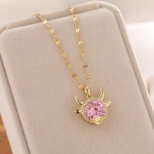 Hänge halsband koreansk mode söt rosa zirkon kristall ox huvud rostfritt stål kvinnlig kvinnlig kedjekedja smycken grossist