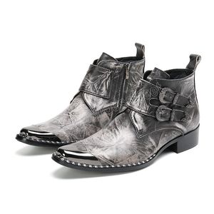 Stivali in pelle autentica vintage con fibbia a doppio petto con cerniera puntata per gli stivali da uomo per uomo scarpe casual per uomini