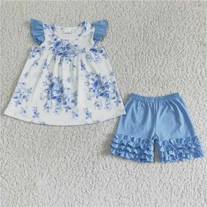 Set di abbigliamento all'ingrosso bambino blu rosa fiori bambini estate floreali a maniche corte corto cortoni cotone cotone abbigliamento per bambini set