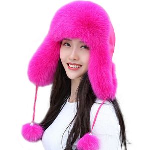 Cap100% Real Fox Fur Women's Hats Russian Ushanka Trapper Snow Ski Hat Earflap Caps Winter Raccoon Fur Bomaber Hat 231221