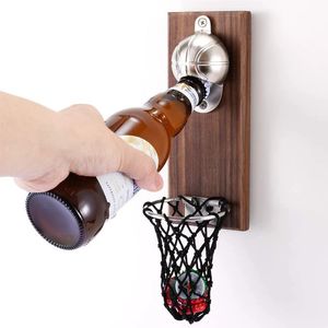 LMETJMA Magnetic Basketball Bottle Opener Wooden Wallmounted Beer with Cap Catcher Ideal Gift for JT82 231221