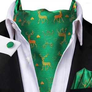 Bow Ties Hi-Tie Silk Green Mens Christmas Ascot Hanky Cufflinks Set Jacquard Snow Deer Vintage Xmas Cravat Tie Wholesale For Male Prom