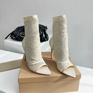 2024 Sapatos de grife feminino sandálias de salto alto primavera/verão novo hiroko renda sexy casamento elegante genuíno couro de 10 cm de calcanhar alto alto aberto de dedão elástico botas curtas