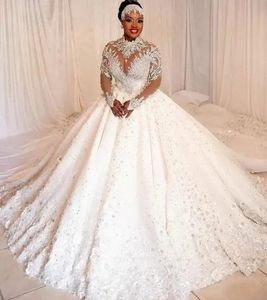 Arabic Aso Ebi Luxurious Bead Crystals Wedding Dress 2024 Sheer Neck Long Sleeves Lace Flowers Bridal Gown Vestidos De Novia Customed