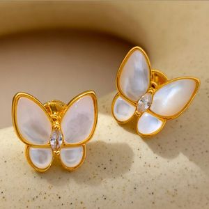 Charming Designer Women Earrings 18K Yellow Gold Plated Shiny CZ White Shell Butterfly Earrings Studs Jewelry for Party Wedding Nice Gift