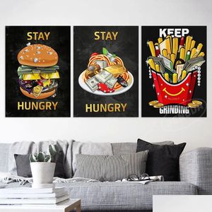 Dipinti arte murale modar hamburger tela dipinto soggiorno affamato decorazioni per la casa stampe denaro e poster di lusso decorazione del soggiorno drop dhky3