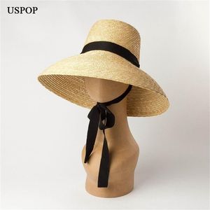 USPOP Sommer für Frauen natürlicher Weizenstroh hoher Flachflach -Long -Ribbon -Schnüre -Breitkremp Beach Hats 220607265o