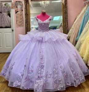 Quinceanera Dresses Lavender Prom Party Ball Gown Tulle Beaded New Custom Plus Size Lace Up Applique Sequins V-Neck Sweet 16 Dress Vestidos De 15