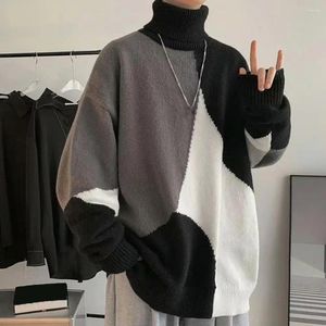 Camada de suéteres masculinos Camada base Sweater solto Fit Colorblock Turtleneck