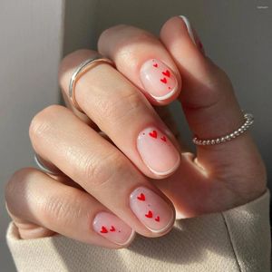 Falska naglar kort söt röd kärlek hjärtmönster tryck på nagel tips för flickor kvinnor alla hjärtans dag gåva bärbara 24st