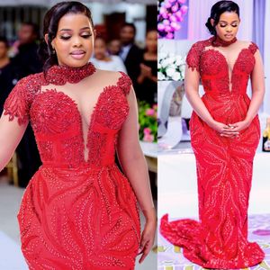 2024 Aso Ebi Red Mermaid Prom Dress Beaded Crystals Lace Evening Formal Party Second Reception Birthday Engagement Gowns Dresses Robe De Soiree ZJ379