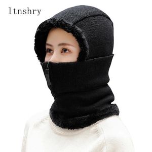 ltnshry män kvinnor vinter beanie hattar onepiece fleece fodrad stickad mask set skalle nackewarmer halsduk skid snö mössa super varm mjuk 231221