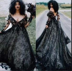2023 Black Gothic Wedding Dresses Long Sleeves Lace Applique Plus Size Deep V Neck Off Shoulder Wedding Bridal Gown vestido de novia