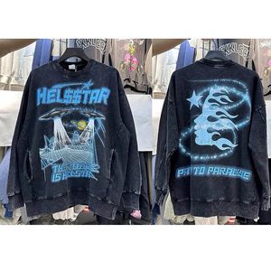 Wysokiej jakości niebieski drukowane z kapturem HellStar Mężczyźni Kobiety amerykańskie retro myj do starej bluzy Hellstar Pullovers 231221